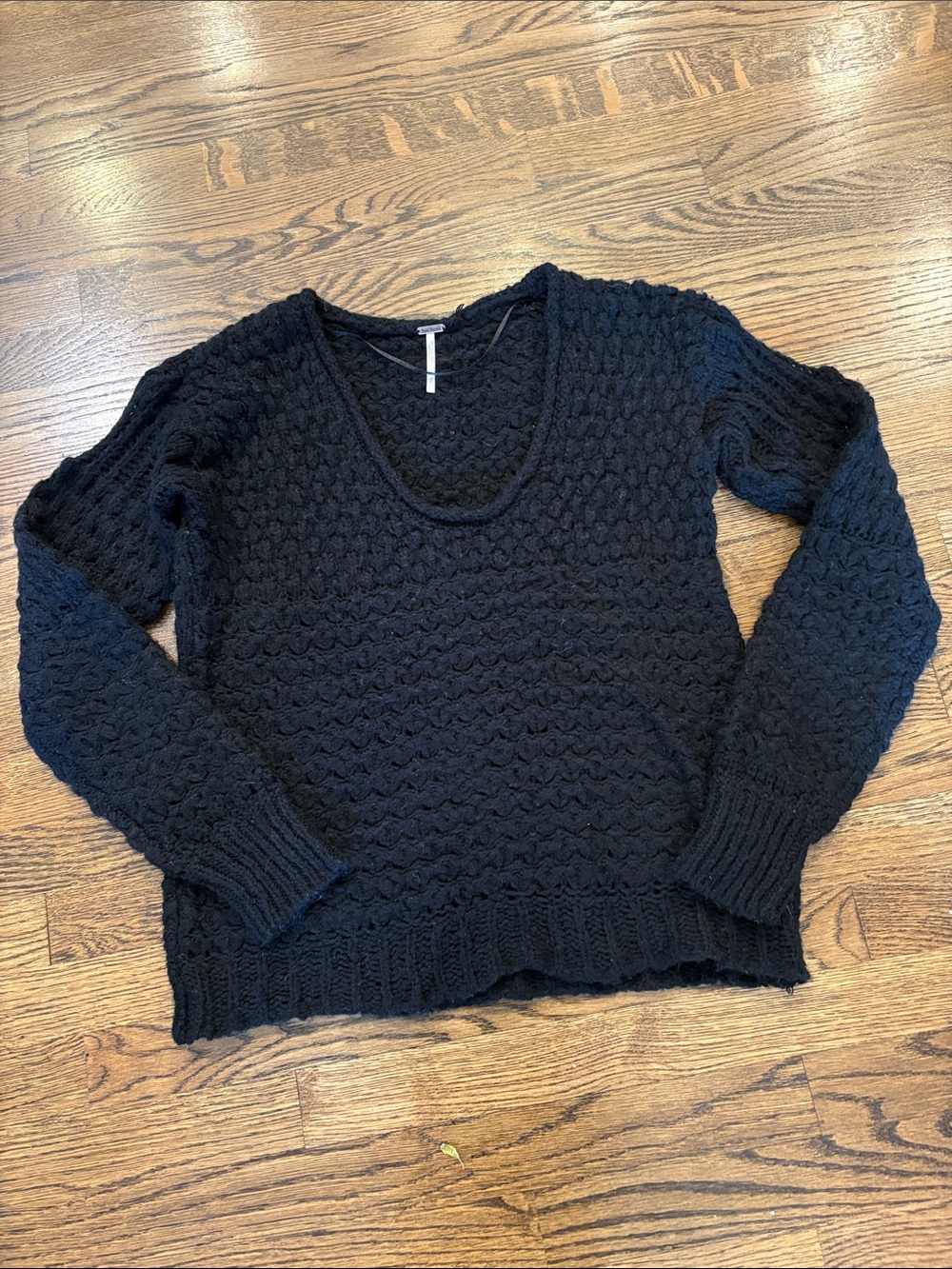 Free People cozy black scoop neck open knit sweater , xS
